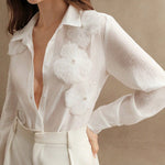 Long Sleeves Applique Split-Joint Lapel Blouses&Shirts Tops