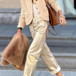 Solid Color V-neck Long-sleeved Loose Pocket Knit Cardigan