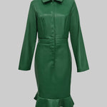 Bodycon Long Sleeves Buttoned Elasticity Ruffle Trim Solid Color Split-Joint Lapel Midi Dresses