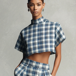 Women's Bold Cotton Blue & White Plaid Turtleneck Cropped Top & Lantern Wide-Leg Pants Set