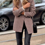 Burgundy checked double-breasted jacket with black double buttons