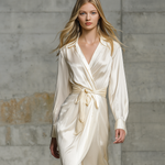 Women's Elegant Beige Satin Shirt Collar Long-sleeved Loose-fitting Midi Dress