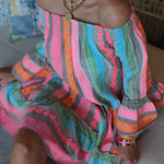 Friendly Shores Linen Blend Ethnic Print Off Shoulder Loose Mini Dress