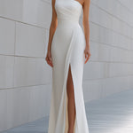 One-Shoulder Draped Column Gown With Front Slit