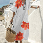 Half Sleeves Loose Flower Print V-Neck Midi Dresses