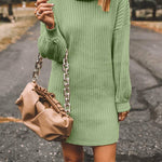 Turtleneck Long Sleeves Ribbed Knit Sweater Dress
