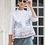 Casual Three-Quarter Sleeves Loose Embroidered Stand Collar Blouses&Shirts Tops