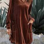 Coffee Roll Tab Sleeve Collared V Neck Velvet Dress