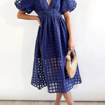 Remarkable Beauty Square Patterned Fabric Puff Sleeve Party Midi Dress