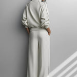 Women's Beige Textured Knit Co-Ord Set With Contrast Piping & Pleated Pants, Effortless Chic Style Set