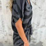 Zebra Print V-neck Short-sleeved Lace-up Top and Elastic Waist Pocket Straight-leg Pants Set