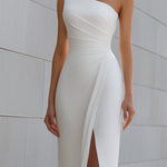 One-Shoulder Draped Column Gown With Front Slit