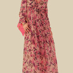 Pastel Red Floral Print Ruffle Trim Plunge Neckline Maxi Dress