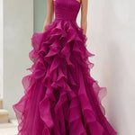 Strapless Magenta Ruffled Ball Gown