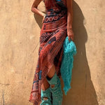 Gypsy Style Unique Print Cowl Neck Back Lace-up Slit Midi Dress