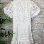 Sweet Valor Crochet Lace Puff Sleeve Button Up Mini Dress