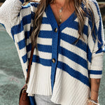 Stripe V Neck Buttoned High Low Cardigan
