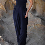 Fashion casual collarless straight wide leg open back cross strap jumpsuit