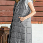 Hooded Pocketed Quilted Long Vest Coat
