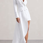 Long Sleeves Asymmetric Buttoned Pockets Solid Color Notched Collar Blazer Maxi Dress