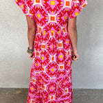 Strawberry Pink Abstract Print Pleated Flounce Sleeve Maxi Dress
