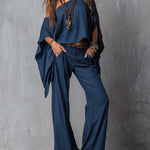 Bohemian Off-the-shoulder Top & Straight-leg Pants Set With Lace Trim