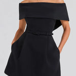 Elegant Evening Lapel Bandeau Removable Belt Pocketed Mini Dress