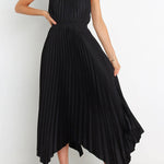 Luxe Look Satin Pleated Halter Elastic Waist Midi Dress