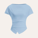 Loose Raglan Sleeve Asymmetric Pleated Solid Color Split-Joint Round-Neck T-Shirts