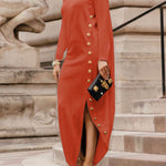Long Sleeves Loose Asymmetric Buttoned Split-Joint Split-Side Mock Neck Maxi Dresses