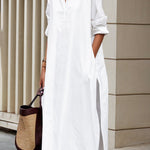 A-Line Long Sleeves Buttoned Pockets Solid Color Split-Side Lapel Midi Shirt Dresses