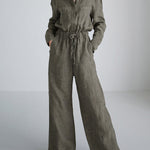 Urban Linen Drawstring Elastic Waisted Wide Leg Long Sleeves Jumpsuits