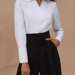 Long Sleeves Loose Solid Color Split-Joint Lapel Blouses