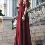 Half Sleeves High Waisted Solid Color Tied Waist V-Neck Maxi Dresses
