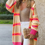 Striped Colorblock Rib Knit Drop Sleeve Long Cardigan