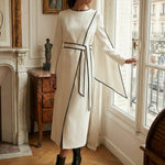 Long Sleeves Minimalist Belted Comfort Contrast Color Round-Neck Midi Dresses