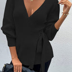 Sexy V Neck Balloon Sleeve Ribbed Wrap Knit Pullover Sweater