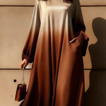 A-Line Long Sleeves Elasticity Gradient Pockets Round-Neck Maxi Dresses