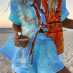 Beetle Print Loose Buttoned Elastic Waist Shorts Set