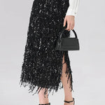 Evening Charm Layered Sequined Tassels High Rise Back Zipper Slit Midi Skirt