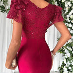 Dreamy Luxury Lace and Satin Patchwork Ruffle Sleeve Ruched Midi Dress
