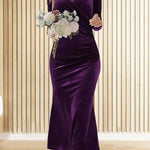 Solid Velvet Long Sleeve V Neck Slim Fit Fishtail Maxi Dress