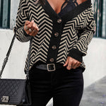 Long Sleeve V Neck Open Front Striped Knit Cardigan Sweaters