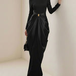 Long Sleeves Buckle Draped High-Neck Evening Dresses Maxi Dresses