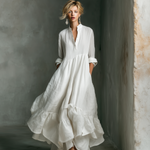 Women's White Long-sleeved Ruffled Maxi Dress