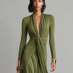 Women's Olive Silky Stretchy Dress With Deep V-Neck & Ruched Detail, Glamorous Maxi Dress