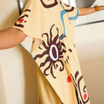 Helia Linen Blend Unique Print Drawstring Waist Kaftan Maxi Dress