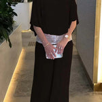 Stylish Sequin Patchwork Dolman Sleeve Top and Elastic Waist Wide Leg Pants Set