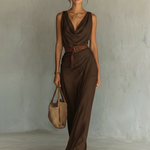 Women's Minimalist Cowl Neck Sleeveless Belted Maxi Dress