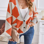 V-neck geometric patchwork contrasting knitted cardigan casual loose jacket
